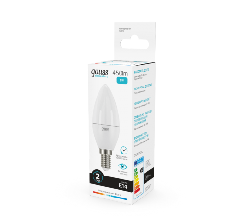 Лампа светодиодная LED 6Вт E14 220В 4100К Elementary свеча  33126  Gauss