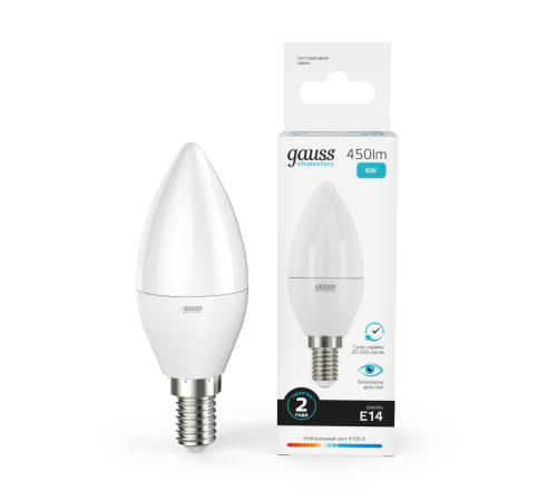 Лампа светодиодная LED 6Вт E14 220В 4100К Elementary свеча  33126  Gauss