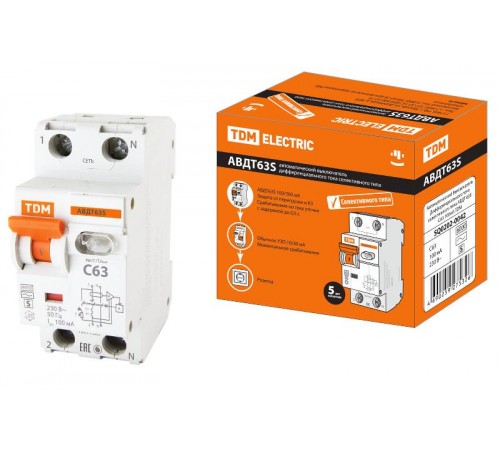 Выключатель автоматический дифференциального тока АВДТ 63S 1п+N 63А C 100мА тип AC  SQ0202-0042  TDM