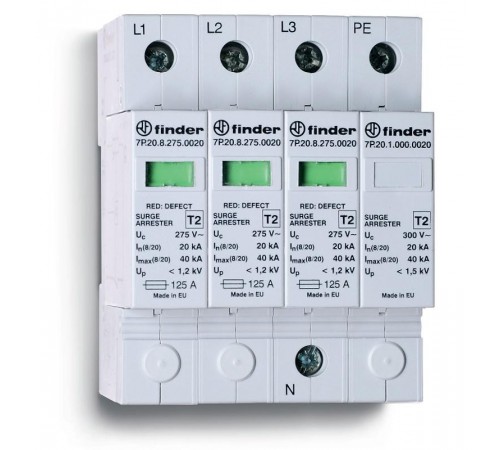 Устройство защиты от импульсных перенапряжений УЗИП тип 2 (3 варистора + 1 искровый разрядник); модульный, без доп.контакта;  7P2482750020  Finder