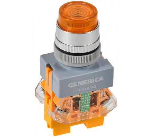 Кнопка D7-11DNZS d=22мм 1з+1р с подсветкой и фиксацией желтая  BBT50-11DNZS-3-11-K05-G  GENERICA