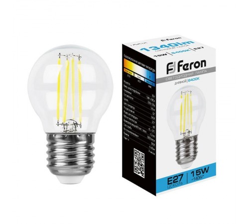 Лампа светодиодная, (15W) 230V E27 6400K прозрачная, LB-515  38254  FERON