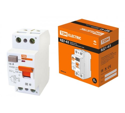Выключатель дифференциальный (УЗО) ВД1-63 2п 16А 100мА тип AC  SQ0203-0001  TDM