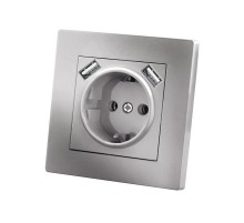 Розетка 2П+З 16А 250В + 2 USB порта 2,1А 5В серебр. металлик "Сенеж"   SQ1816-0253  TDM