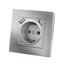 Розетка 2П+З 16А 250В + 2 USB порта 2,1А 5В серебр. металлик "Сенеж"   SQ1816-0253  TDM