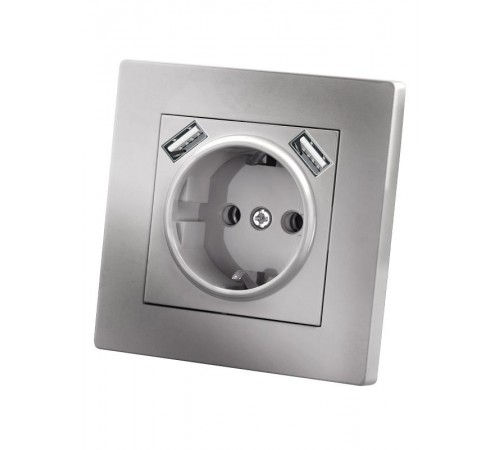 Розетка 2П+З 16А 250В + 2 USB порта 2,1А 5В серебр. металлик "Сенеж"   SQ1816-0253  TDM