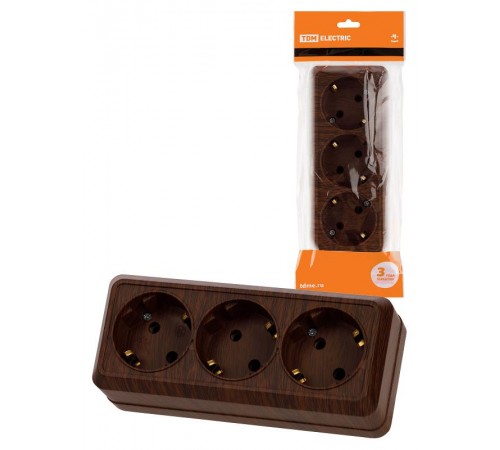 Розетка 3-х местная горизонтальная 2П+3 открытой установки IP20 16A бук "Ладога"  SQ1801-0326  TDM