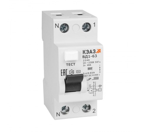Выключатель дифференциальный (УЗО) без защиты от сверхтоков ВД1-63-2263-А-УХЛ4 2п C63 30мА  221932  КЭАЗ