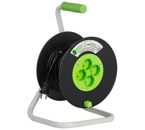 Удлинитель силовой ЭРА GREEN LINE KAT-2x1.5-20m Greenline на катушке пластик 4 розетки без заземления 20м ПВС 2x1.5мм2   Б0065106  ЭРА