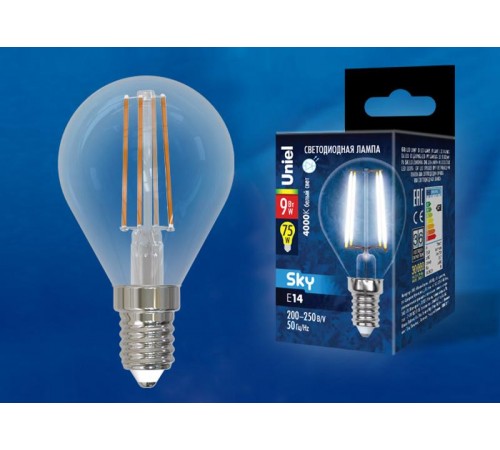 Лампа светодиодная LED-G45-9W/4000K/E14/CL PLS02WH LED. "шар", прозр.. 4000К Серия Sky.  UL-00005173  Uniel