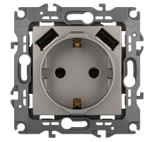 Розетка ЭРА Серия 12 12-4109-16 , 2P+E 16A-250В, штор. с 2xUSB 5В-3А, титан   Б0065729  ЭРА