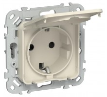 FLITE Розетка с заземлением со шторками с крышкой. 16А IP44 РСшкр11-0-44-ФлСл сливочный  FI-R16-16-44-K86  IEK