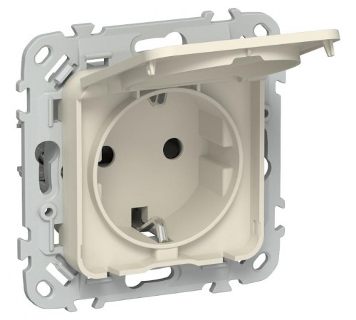 FLITE Розетка с заземлением со шторками с крышкой. 16А IP44 РСшкр11-0-44-ФлСл сливочный  FI-R16-16-44-K86  IEK