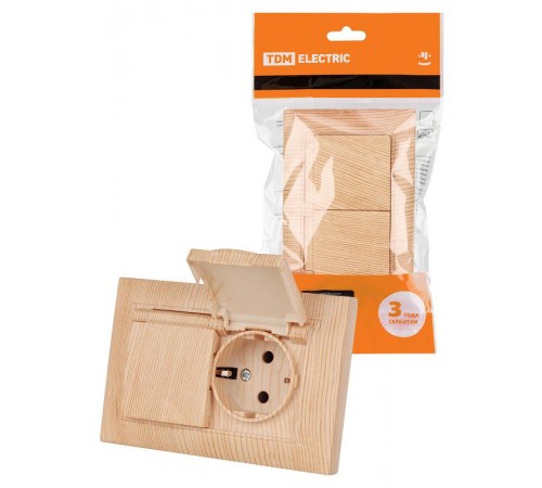 Розетка двойная 2П+З 16А 250В IP44 с защ. шт. с крышкой сосна "Лама"  SQ1815-0360  TDM