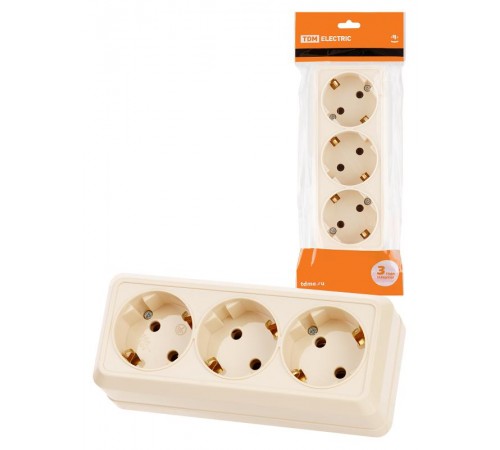 Розетка 3-х местная горизонтальная 2П+3 открытой установки IP20 16A сл. кость "Ладога"  SQ1801-0226  TDM