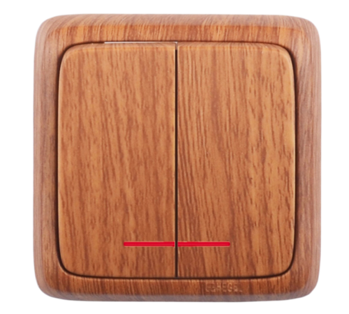 Выключатель открытой установки, двухклавишный, с индикацией, цвет дуб  ВА10-152-05  HEGEL