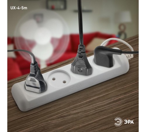 Удлинитель электрический   UX-4-5m без заземления 4 розетки 5м ШВВП 2x0,75мм2 6А белый  Б0038561  ЭРА