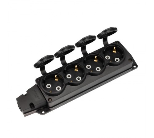 Розетка (колодка) влагозащищенная с крышкой 4 гнезда COMPACT, с/з, 16А, IP54, каучук, черная  111-224  REXANT