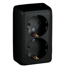 Розетка открытой установки, двухместная, с заземляющим контактом, с изолирующей пластиной, цвет черный  РА16-153-08  HEGEL