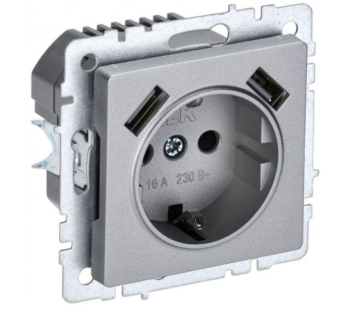 BRITE Розетка с заземлением со шторками 16А с USB A+A 2,1А РЮш10-1-БрА алюминий  BR-R14-16-U21-D21-K47  IEK