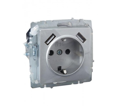 BRITE Розетка с заземлением со шторками 16А с USB A+A 3,1А РЮш10-2-БрА алюминий  BR-R14-16-U21-D31-K47  IEK