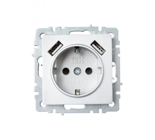 BRITE Розетка с заземлением со шторками 16А с USB A+A 3,1А РЮш10-2-БрА алюминий  BR-R14-16-U21-D31-K47  IEK