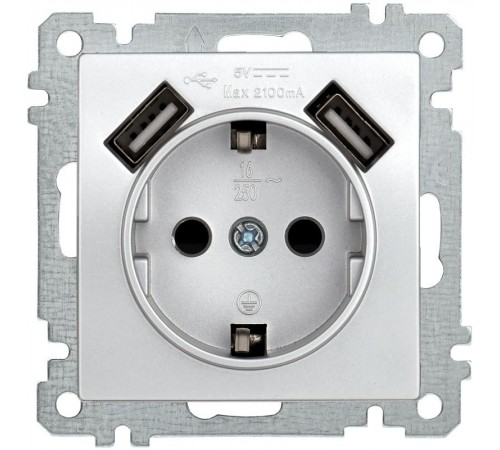 BOLERO серебряный Розетка с/з со шторками 16А USBх2 2,1А РЮш10-1-Б IEK  ERB14-K23-16-U2  IEK