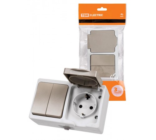 Блок комбинированный (горизонтальный) выключатель 2-кл. + розетка 2П+З с з/ш БКВР IP54 "Вуокса" TDM  SQ1803-0012  TDM