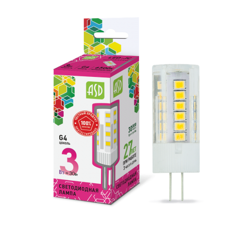 Лампа светодиодная LED-JC-standard 3Вт 12В G4 6500К 270Лм  4690612026381  ASD