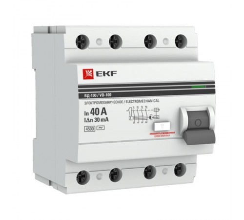 Выключатель дифференциальный (УЗО) ВД-100 4п 40А 30мА (тип АС) PROximа  elcb-4-40-30-em-pro  EKF (замена - E1046M4030)