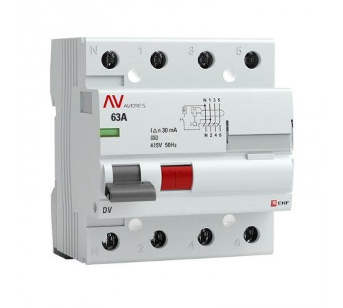 Выключатель дифференциальный (УЗО) DV 4п 63А 30мА тип A AVERES  rccb-4-63-30-a-av  EKF