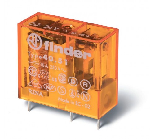 Миниатюрное универсальное электромеханическое реле; монтаж на печатную плату или в розетку; выводы с шагом 5мм; 1CO 10A  405160125000  Finder