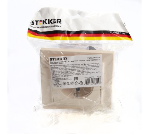PST16-9011-02 Розетка 1-местная с/з, 250В, 16А, с USB 1А, серия Эрна, слоновая кость  39237  STEKKER