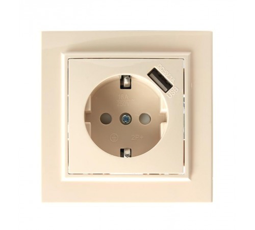 PST16-9011-02 Розетка 1-местная с/з, 250В, 16А, с USB 1А, серия Эрна, слоновая кость  39237  STEKKER