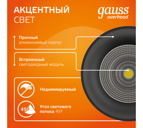 Светильник светодиодный  накладной HD028 12W (черный/черный) 3000K 79x100мм 1/10  HD028  Gauss