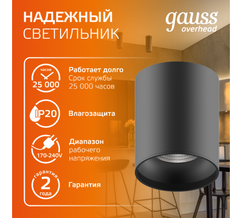 Светильник светодиодный  накладной HD028 12W (черный/черный) 3000K 79x100мм 1/10  HD028  Gauss