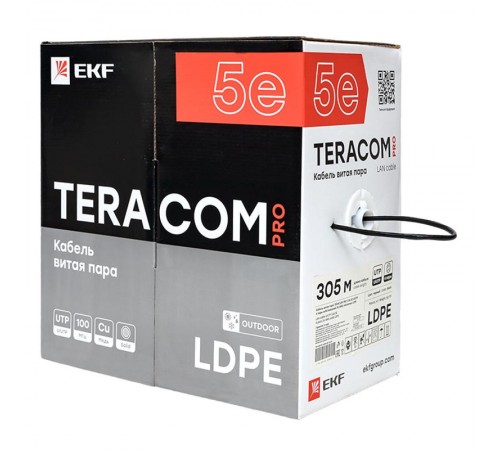 Кабель витая пара TERACOM Cat.5E U/UTP 4 пары solid внешний цвет черный упак. 305м) TRC-5EUTP-04PE-BK-OUT3  EKF