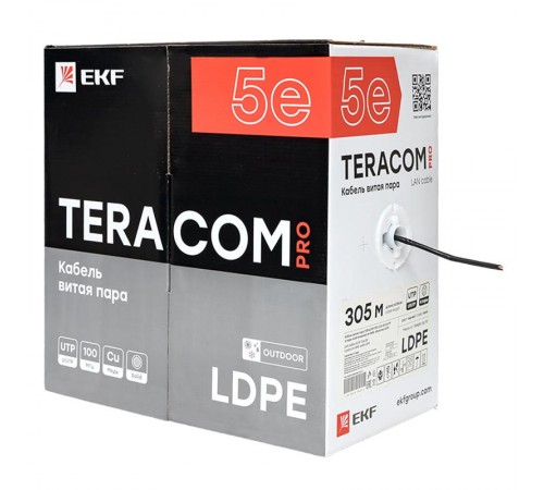 Кабель витая пара TERACOM Cat.5E U/UTP 4 пары solid внешний цвет черный упак. 305м) TRC-5EUTP-04PE-BK-OUT3  EKF
