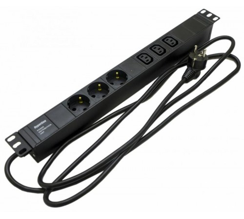 SHE19-3SH-3IEC-2.5EU Блок розеток для 19" шкафов, горизонтальный, 3 розетки Schuko, 3 розетки IEC320 C13, 482.6x44.4x44.4мм  397016  Hyperline