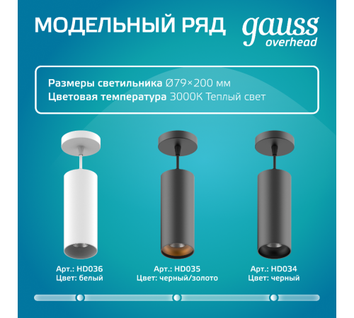 Светильник светодиодный накладной/подвесной HD036 12W (белый/белый) 4100K 79*200мм 1/10  HD036  Gauss