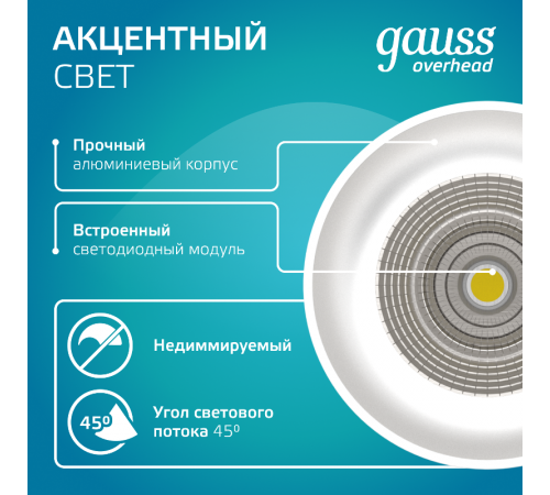 Светильник светодиодный накладной/подвесной HD036 12W (белый/белый) 4100K 79*200мм 1/10  HD036  Gauss
