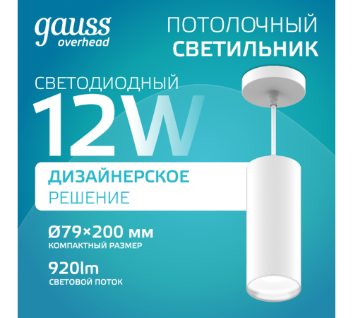 Светильник светодиодный накладной/подвесной HD036 12W (белый/белый) 4100K 79*200мм 1/10  HD036  Gauss