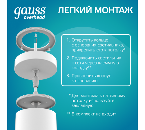 Светильник светодиодный накладной/подвесной HD036 12W (белый/белый) 4100K 79*200мм 1/10  HD036  Gauss