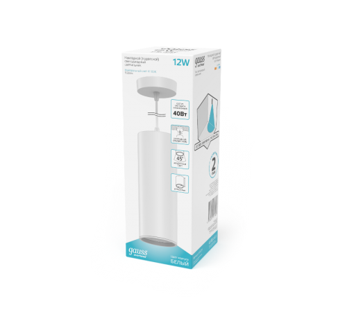 Светильник светодиодный накладной/подвесной HD036 12W (белый/белый) 4100K 79*200мм 1/10  HD036  Gauss