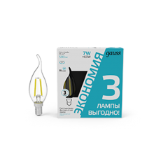 Лампа светодиодная Filament Свеча на ветру 7W 580lm 4100К Е14 LED (3 лампы в упаковке) 1/20  104901207T  Gauss