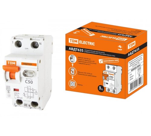 Выключатель автоматический дифференциального тока АВДТ 63S 1п+N 50А C 300мА тип АС  SQ0202-0041  TDM