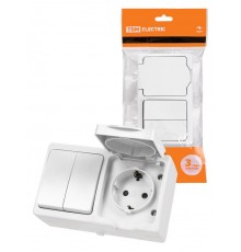 Блок (горизонтальный) выключатель 2-кл. + розетка 2П+З с з/ш БКВР IP54 белый "Вуокса"  SQ1803-1012  TDM