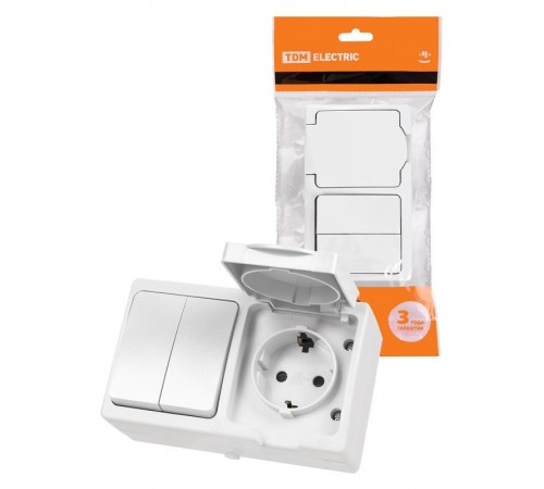 Блок (горизонтальный) выключатель 2-кл. + розетка 2П+З с з/ш БКВР IP54 белый "Вуокса"  SQ1803-1012  TDM