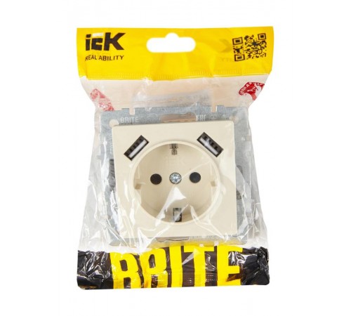 BRITE Розетка с заземлением со шторками 16А с USB A+A 3,1А РЮш10-2-БрКр бежевый  BR-R14-16-U21-D31-K10  IEK