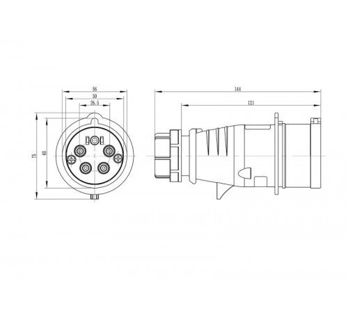 Вилка кабельная CP IP44 16A 3P+E+N 400В c фазоинвертером  CP654-016-40-RP  DKC